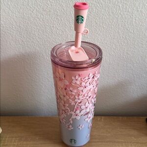 Disney Parks Starbucks Cherry Blossom Pink Sakura Tumbler Straw Mickey Mouse New